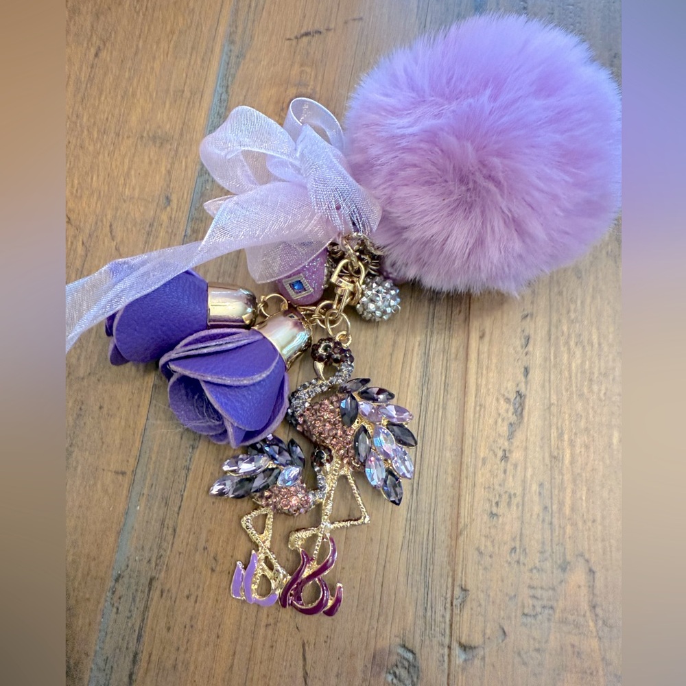 Handbag charm/keychain rhinestone flamingo, roses, pompom, beads & bows purple
